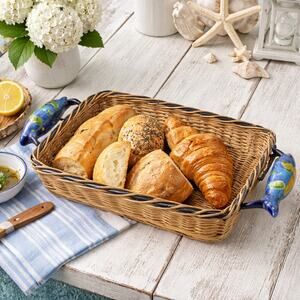 Wicker Serving Basket w/ Ceramic Fish Handles Coastal Nautical Decor